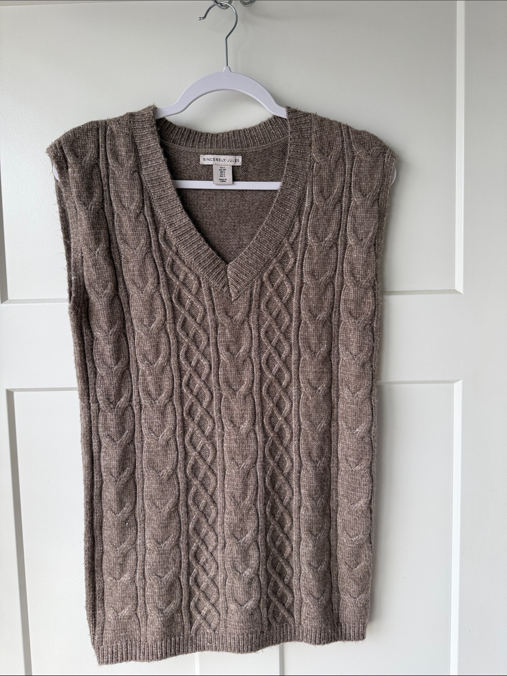 Sincerly Jules Taupe Cable-Knit V-Neck Sweater Vest
